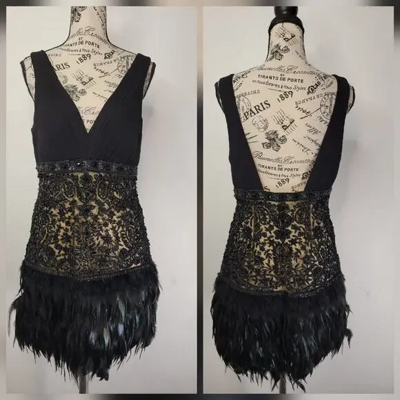Sue Wong | Dresses | Sue Wong Nocturne Dress Beadedlace Silk Blend Size 8  Ostrich Feather Black Line | Poshmark